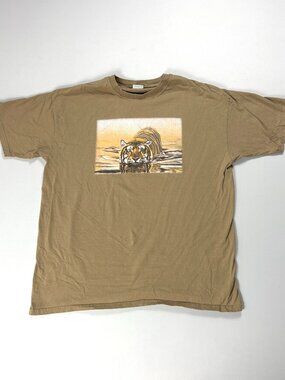 Vintage Tiger Stalking In Water T Shirt Tan Sz XL Anvil Animal 1998